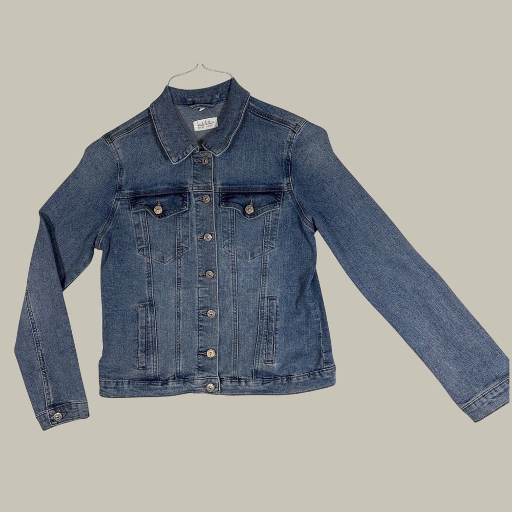 Nicole Miller New York Womens Denim Trucker Jacket Medium Wash Blue Size L